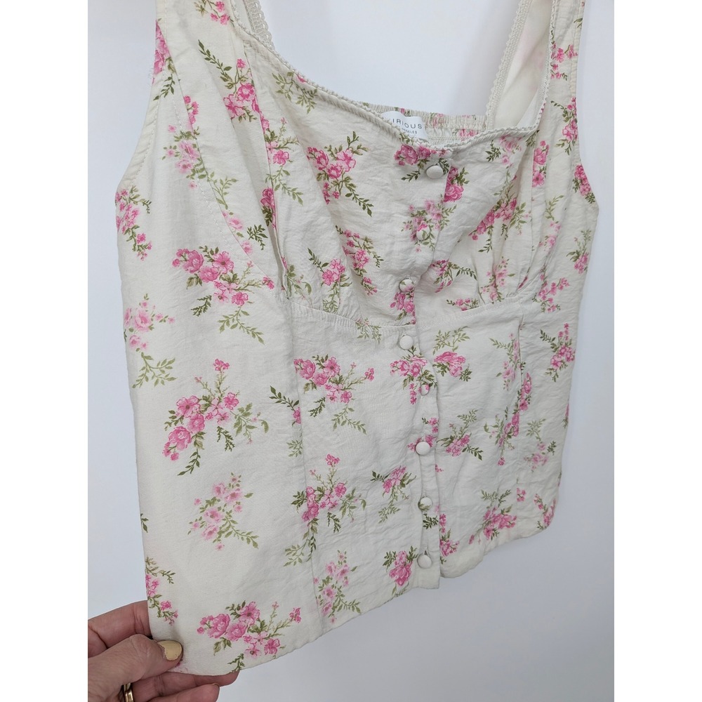 Coquette Cottagecore Top Women Large Cream Pink Floral Sleeveless Button Smocked - Picture 2 of 7